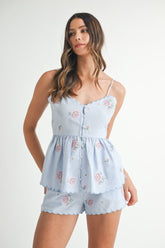 Stripe Embroidered Peplum Cami and Shorts Set Mable Blue M