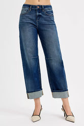 Slouchy Crop Barrel Cuffed Jeans Risen DARK 0