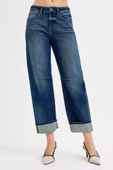 Slouchy Crop Barrel Cuffed Jeans Risen DARK 0