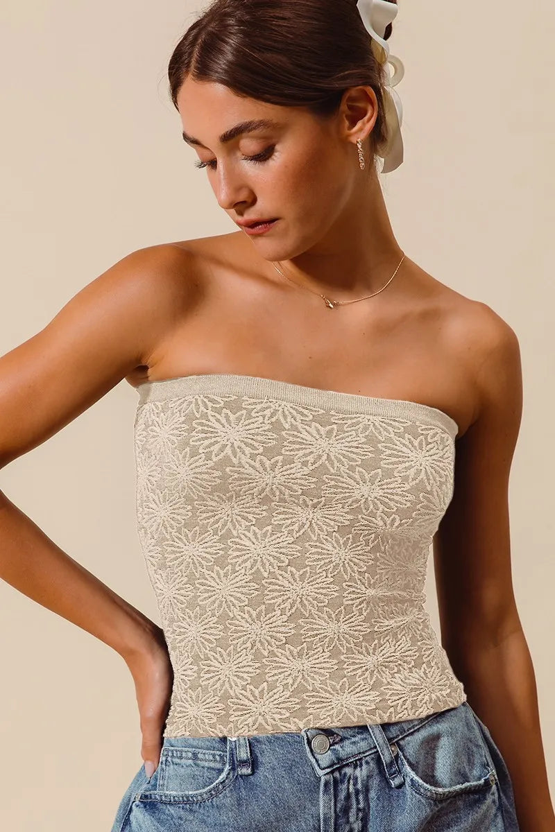 Jacquard Floral Two Tone Seamless Tube Top So Me OATMEAL S