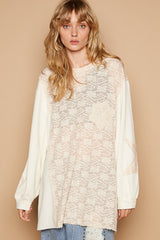 Round Neck Long Sleeve Crochet Patches Top POL Cream/Beige S