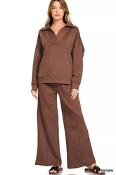 Scuba Collared Pullover and Pants Set ZENANA BROWN S