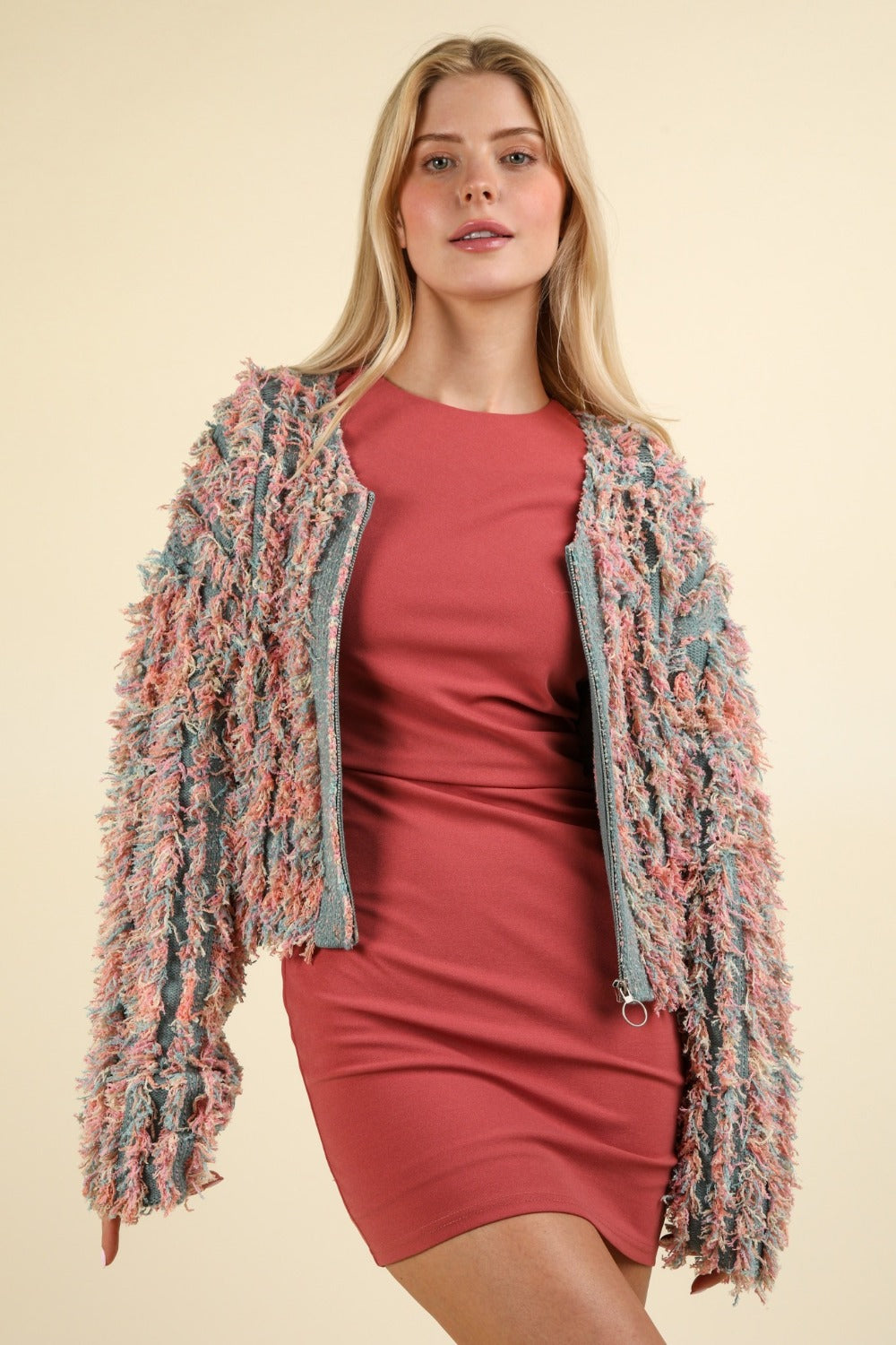 Shaggy Yarn Knit Zip Up Jacket Very J Green Multi S