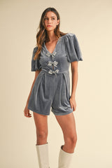 Jewel Bow Decor Puff Sleeve Velvet Romper Mable Dusty Blue S