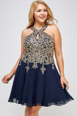 Plus Size Gold Embroidered Elegant Halter A-Line Cocktail Dress LA SCALA Navy 1X
