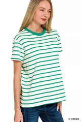 Striped Round Neck Short Sleeve T-Shirt ZENANA