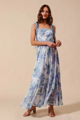 Floral Print Flowy Maxi Dress with Lace Ribbon Tie So Me OFF WHITE/BLUE S