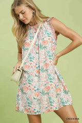 Floral Print Babydoll Sleeveless Dress With Pockets Umgee