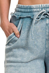 Acid Wash Fleece Drawstring Shorts With Pockets ZENANA