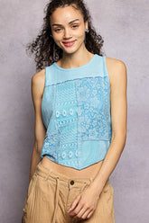 Ribbed Round Neck Cropped Tank with Lace Detail POL POWDER BLUE S