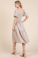 Floral Embroidered Smocked Puff Sleeve Tiered Midi Dress GeeGee