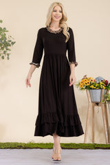 Leopard Trim Ruffle Detail Midi Dress Celeste