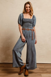 Smocked Washed Puff Sleeve Square Neck Denim Jumpsuit BiBi Medium S