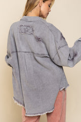 Distressed Button Down Raw Hem Grey Shacket POL Grey S