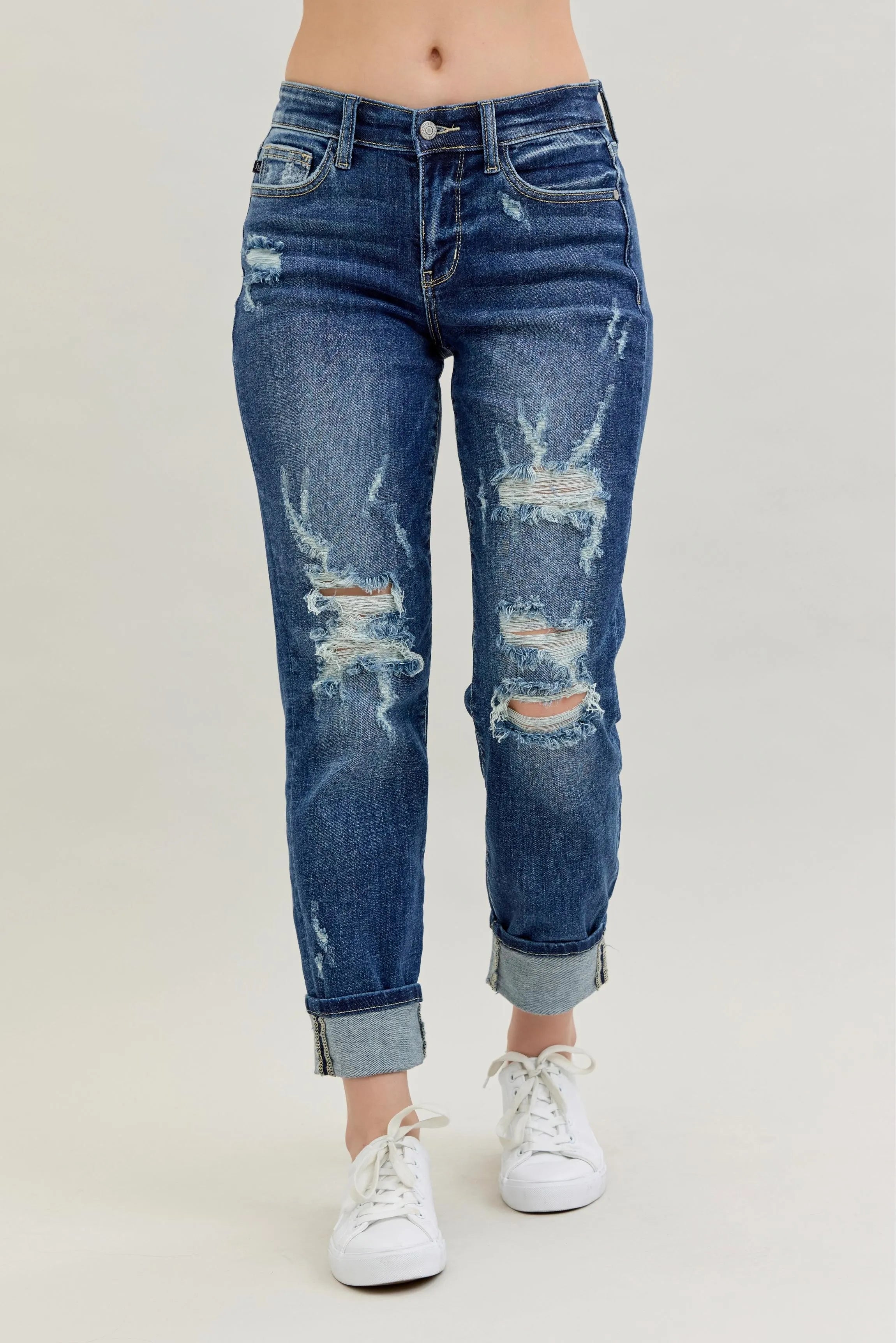 Mid Rise Cuffed Destroy Bf Jeans With Plus Size Judy Blue MD 0(24)
