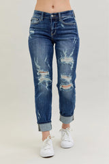 Mid Rise Cuffed Destroy Bf Jeans With Plus Size Judy Blue MD 0(24)
