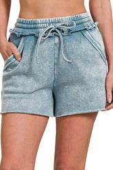 Acid Wash Fleece Drawstring Shorts With Pockets ZENANA BLUE GREY S