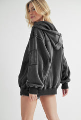 Exposed Seam Zip Up Drawstring Hooded Jacket Aemi + Co