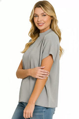Viscose Mock Neck Short Sleeve Boxy Sweater ZENANA