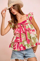 Floral Print Woven Bow Tie Ruffle Square Neck Top BiBi