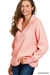 Ribbed Two Tone Half Zip Sweater ZENANA