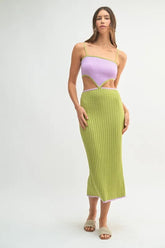 Ribbed Knit Color Block Cutout Midi Dress Mable Lime S