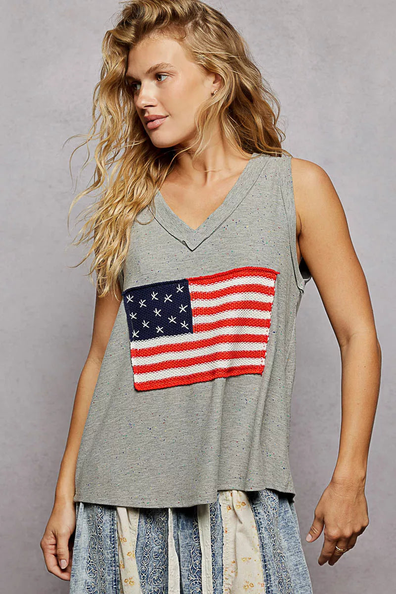POL V-Neck Ribbed Tank with American Flag Patch and Star Back Patch Trendsi HEATHER GREY S