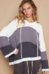 Color Block Long Sleeve Hooded Sweater POL Ivory Charcoal Multi S