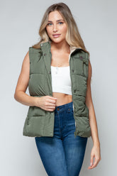 Snap and Zip Closure Hooded Vest Snobbish Light Olive/Sand S