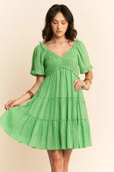Jacquard Checker Smocking Tiered Dress Davi & Dani IBIZA GREEN S
