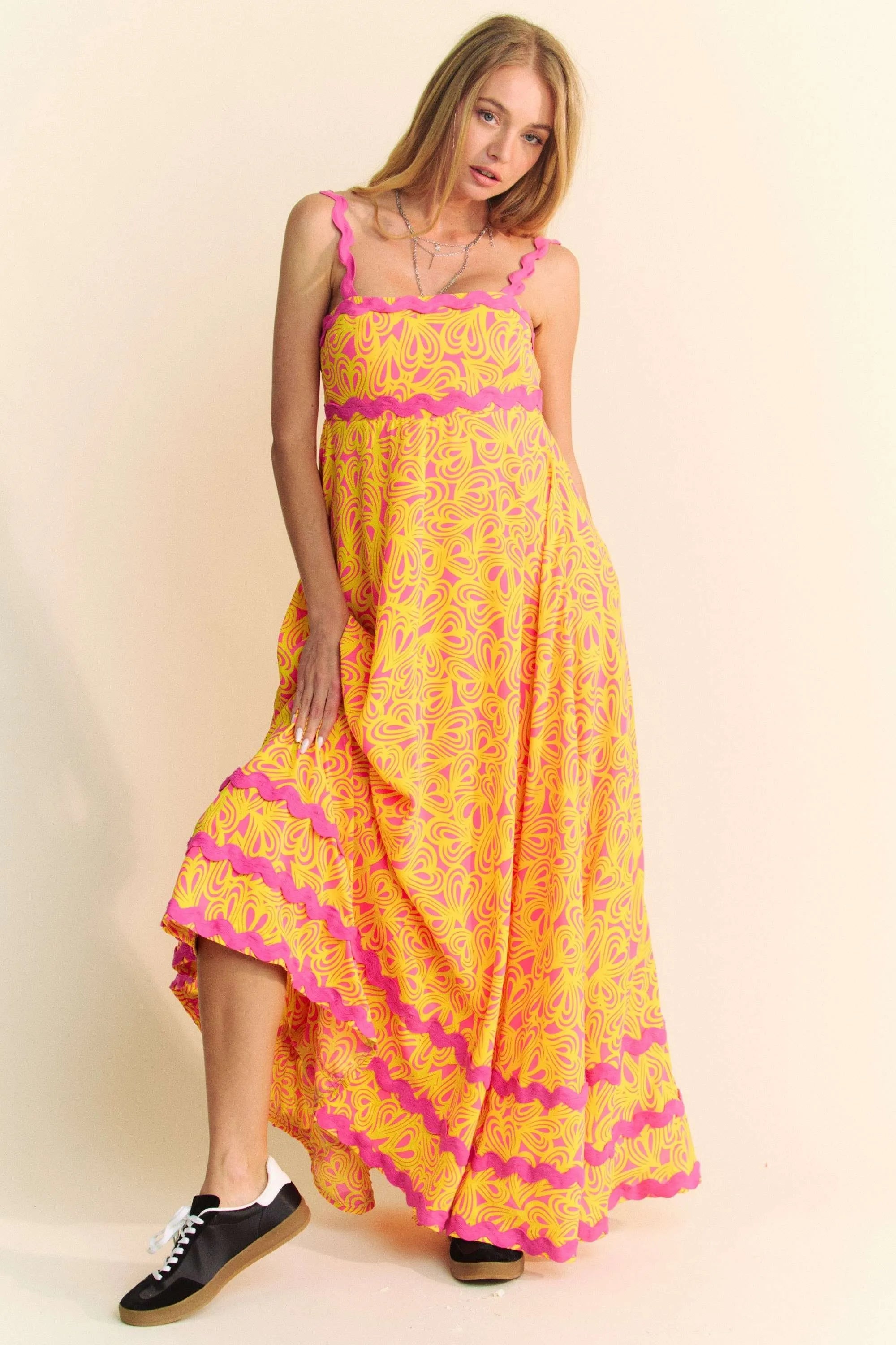 Geo 2 Tone Printed Wavi Trim Tiered Maxi Dress Davi & Dani PINK S