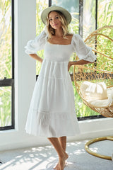 Swiss Dot Flounce Sleeve Smocked Tiered Midi Dress BiBi