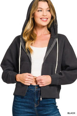 Fleece Cropped Zip-up Hoodie with Pockets ZENANA BLACK S