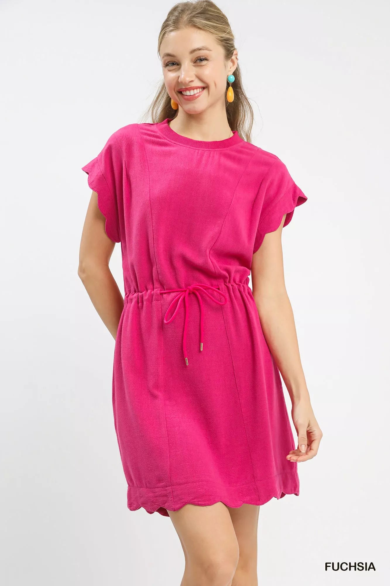 Linen Blend Scallop Hem Mini Dress Umgee FUCHSIA S