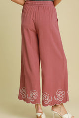 Linen Blend Wide Leg Pants with Scalloped Hemline Umgee