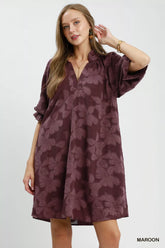 Floral Textured Jacqaurd V-Neck Dress Umgee MAROON S