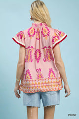 Border Print Split-Neck Boho Top Umgee