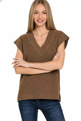 Ribbed Slit V-Neck Sweater Vest ZENANA