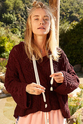 Cable Knit Hooded Chenille Sweater POL Burgundy S