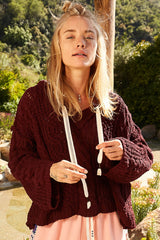 Cable Knit Hooded Chenille Sweater POL Burgundy S