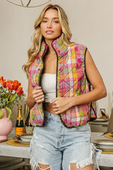Quilted Washed Plaid Snap Down Vest BiBi Stained Glass S