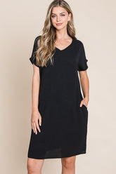 V-Neck Short Sleeve Dress with Pockets BomBom Black L