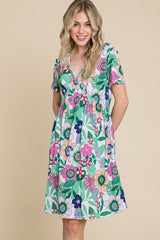 Ruched Floral V-Neck Short Sleeve Dress BomBom