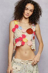 Openwork Floral Cropped Crochet Cami POL IVORY/PINK One Size