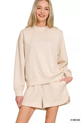 Scuba Long Sleeve Sweatshirt and Shorts Set ZENANA H BEIGE S