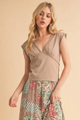 V-Neck Cap Sleeve Cropped Top Aemi + Co MOCHA S