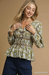 Floral Smocked Peplum Blouse with Tie Detail Umgee MUSTARD GREEN S