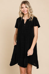 Notched Short Sleeve Ruffled Dress Culture Code Black S