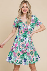 Ruched Floral V-Neck Short Sleeve Dress BomBom Gum Leaf S
