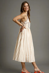 Striped Colorful Embroidered Trim Midi Cami Dress Umgee